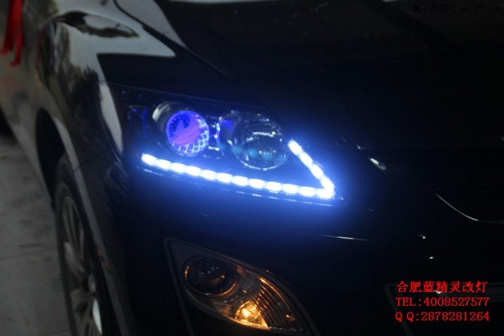 合肥马自达CX-7改大灯蓝海拉5欧司朗CBI氙气大灯泪眼日行灯
